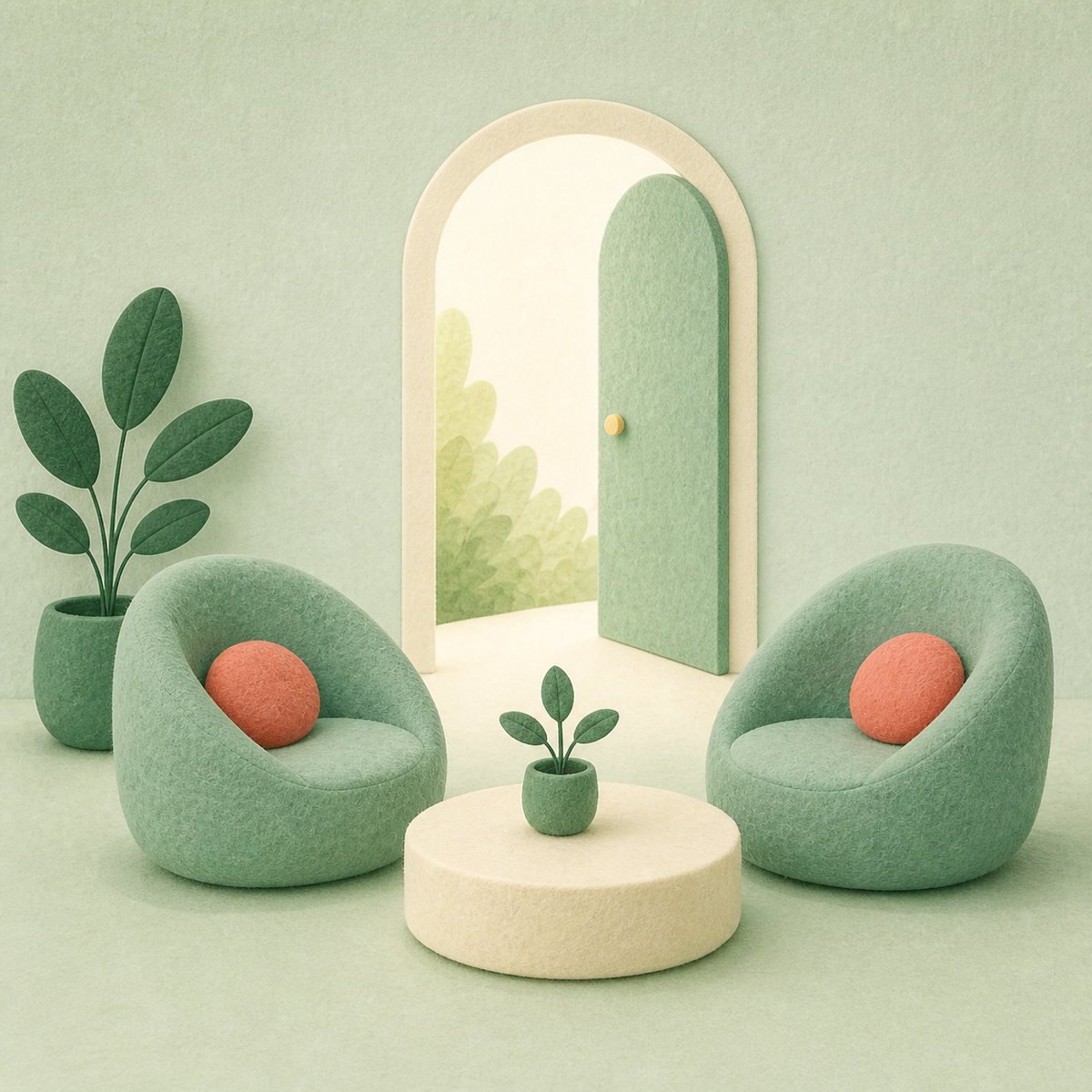 Two welcoming therapy chairs beside an open doorway with plants, felt illustration