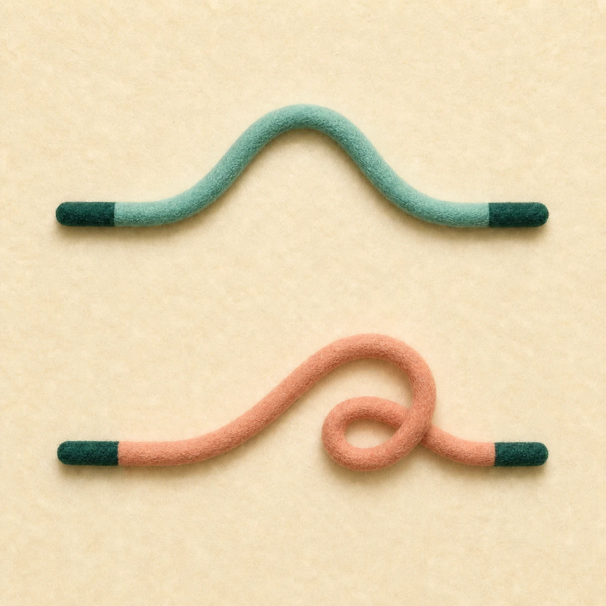 Calm teal cord beside a looped dusty-coral cord, felt illustration