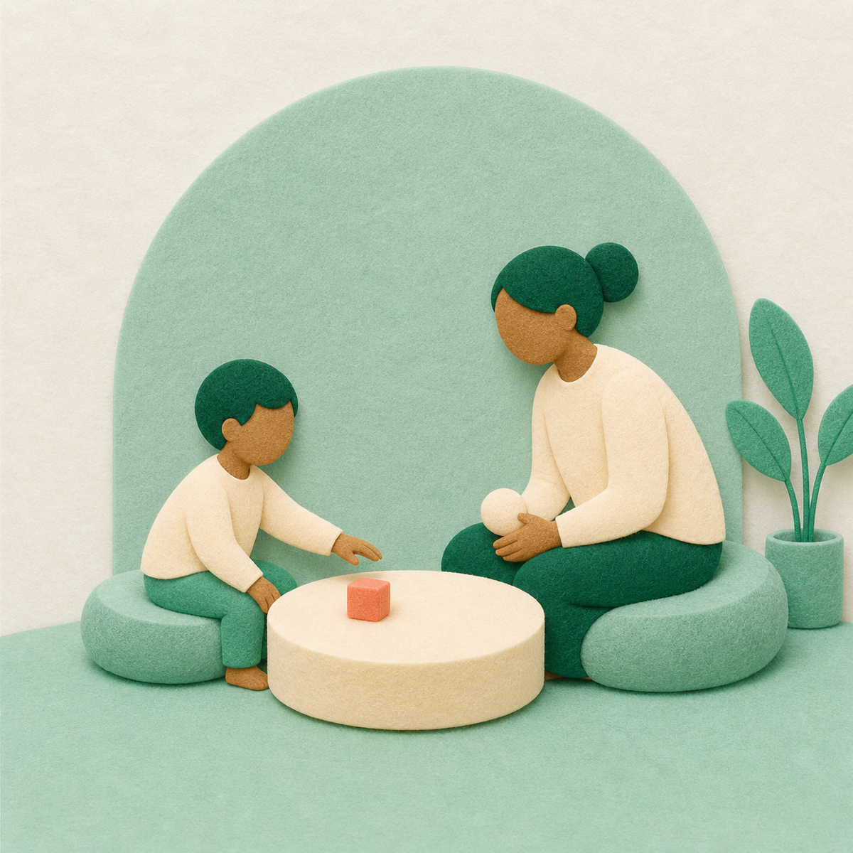 Child reaching toward a coral square while a therapist holds a cream circle close, felt illustration