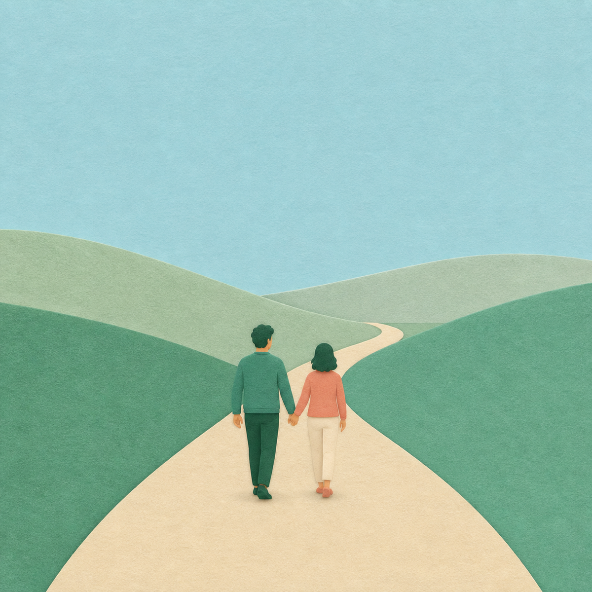 Man and woman holding hands while walking together along a curving path through felt hills