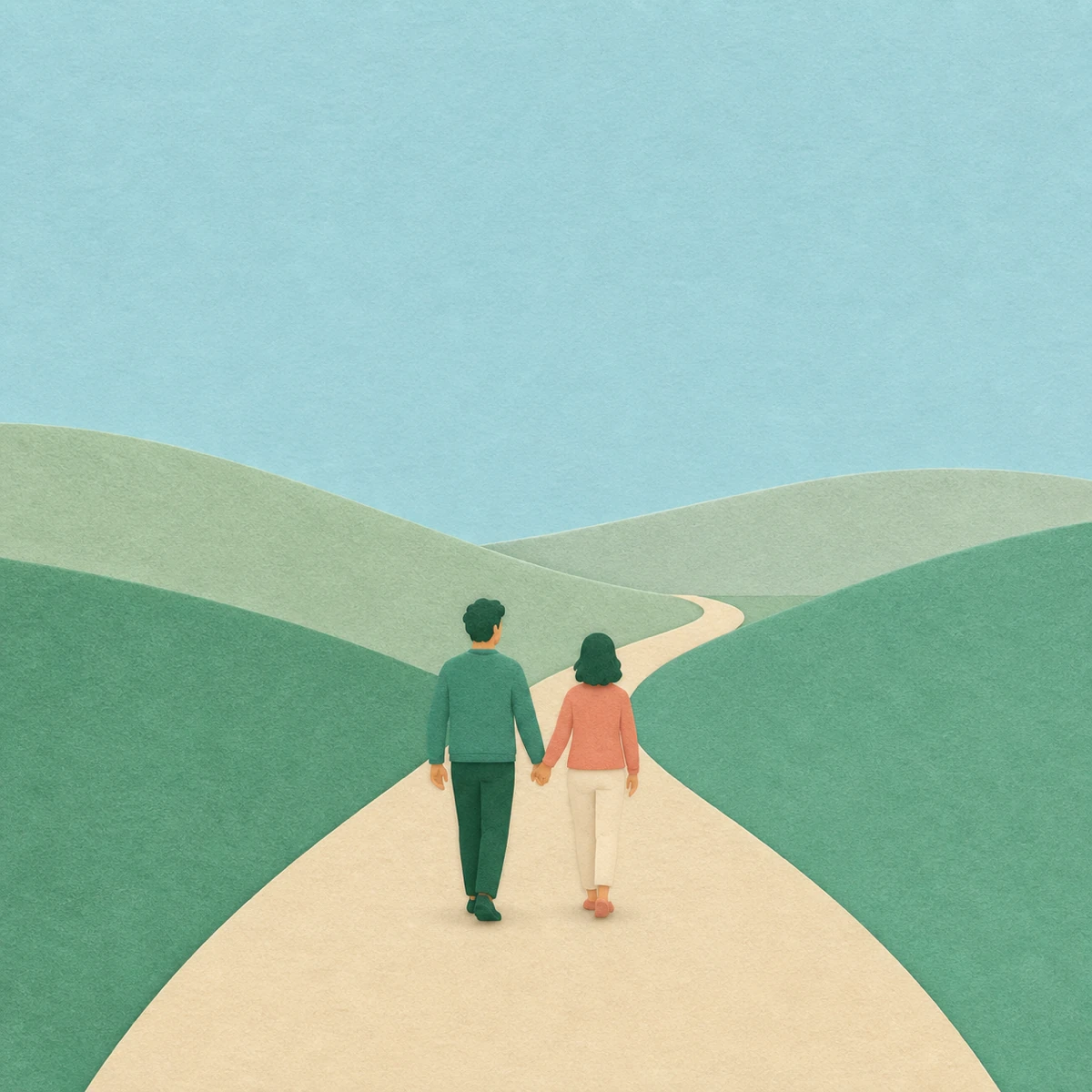 Man and woman holding hands while walking together along a curving path through felt hills
