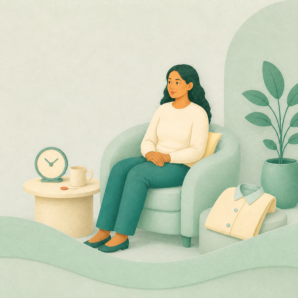 Woman sitting quietly in a rounded sage-green armchair beside a small table with a clock and mug, potted plant nearby — soft illustration