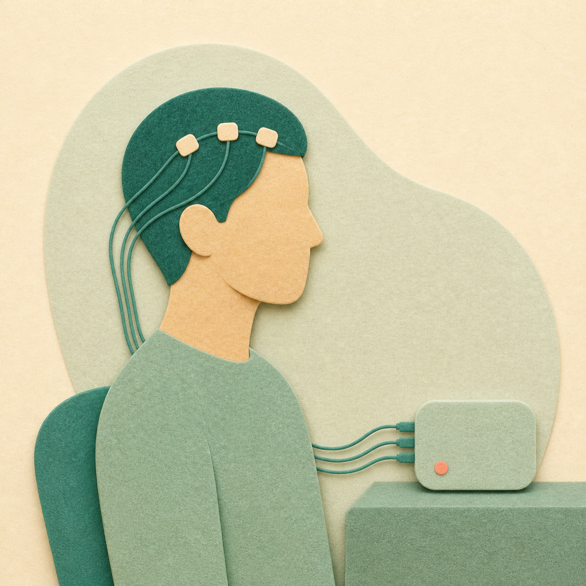 Person seated comfortably with small sensors and a calm neurofeedback device, felt illustration