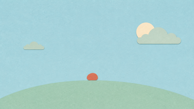 Minimal night horizon with a small coral point beneath a pale moon and blue sky.