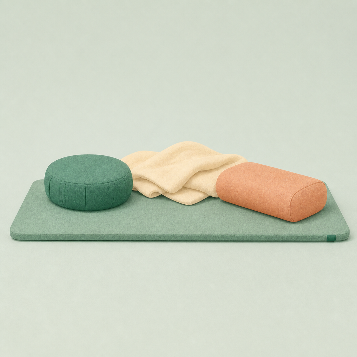 Mat, zafu cushion, blanket, and bolsters arranged for body-based regulation, felt illustration