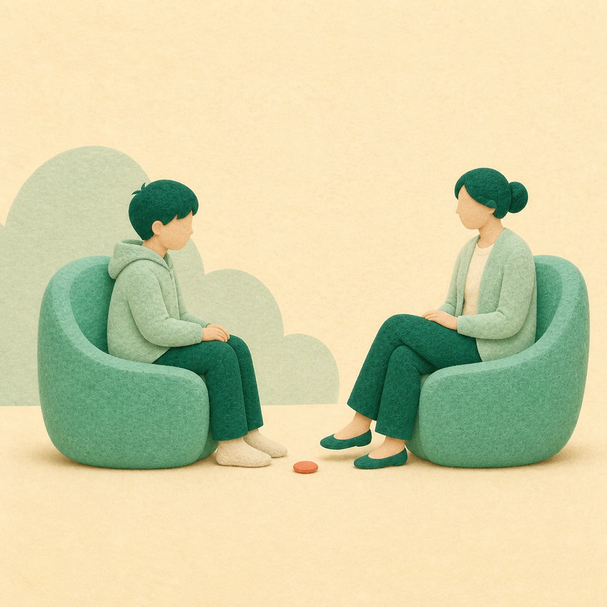 Teen and therapist sitting together in a quiet room with one small coral pebble, felt illustration
