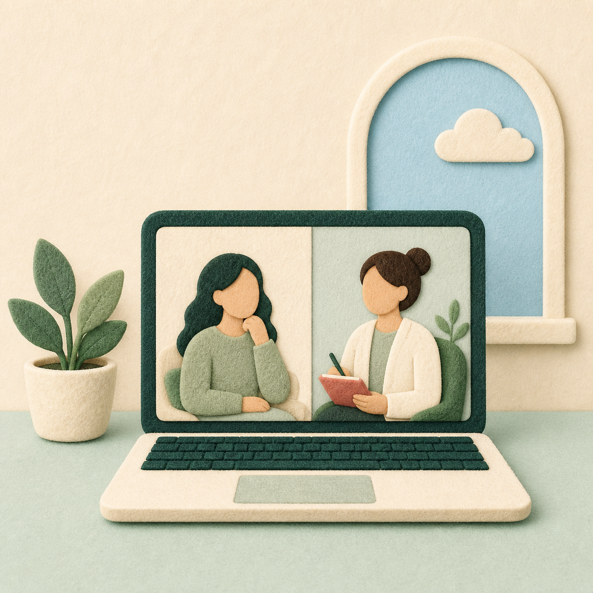 Private two-person video therapy session with blue sky visible through the window, felt illustration