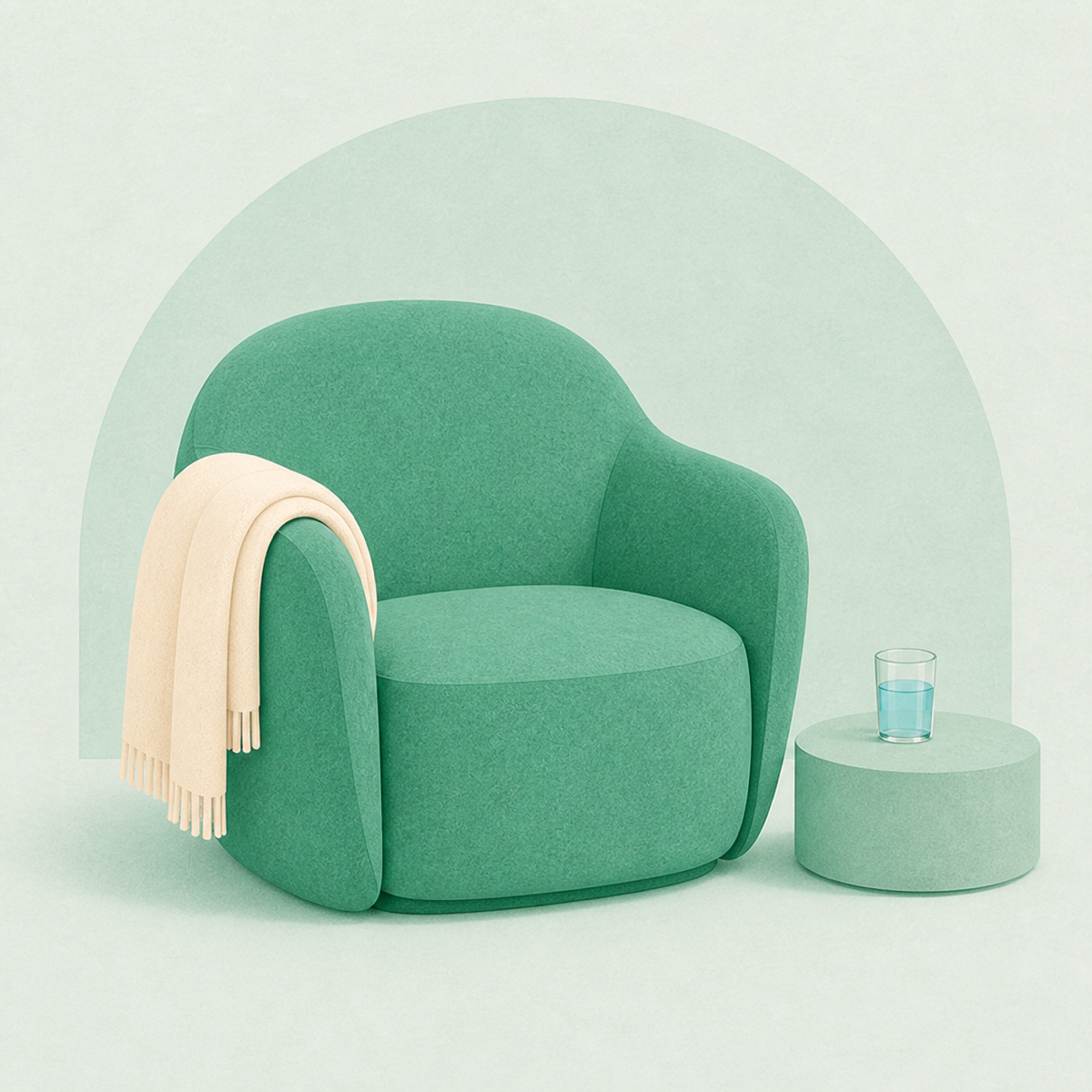 Soft green felt armchair with a cream fringed blanket over one arm and a glass of water on a round side table — calm textured illustration