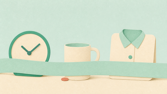 Clock, mug, and work shirt partly obscured by a long green band.