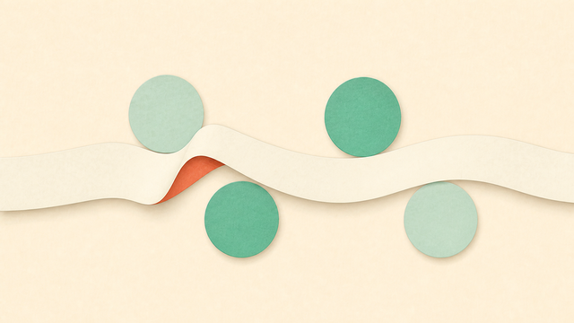 Green and coral points arranged around a flowing white path.