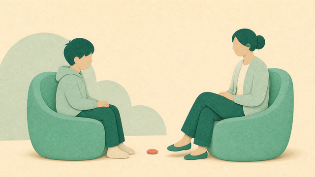 Teen and therapist seated in green chairs during a quiet conversation.